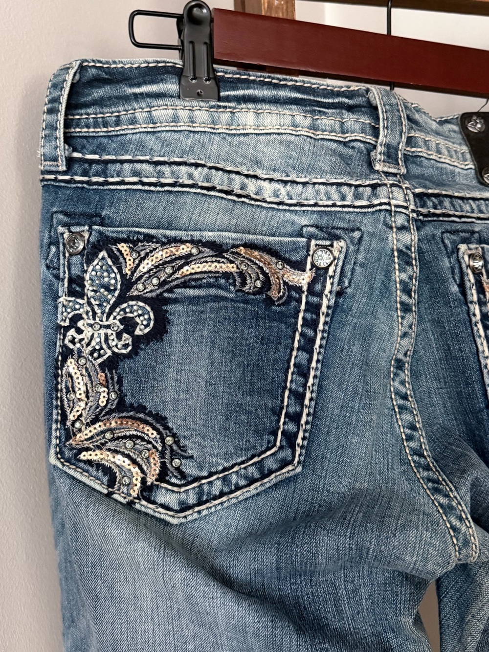 Miss Me Bootcut Distressed Denim Blue Jeans Jeweled Bling Vintage Y2K Pants 29